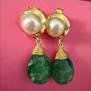 Ross-Simons Lab-Grown pearls & Emerald  Sapphire Drop Earrings in 18k Gold Plate